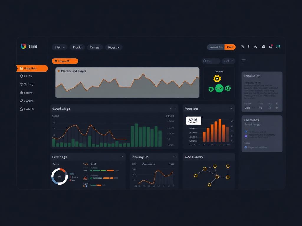Dark mode dashboard preview showing data visualizations and integrations